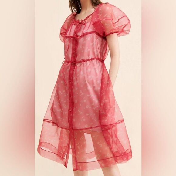 Free People Dresses & Skirts - Free People x Soonsu Naive tiered organza dress puff sleeves Korean Red